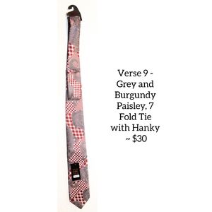 Verse 9 - Grey and Burgundy Paisley, 7 Fold Tie with Hanky